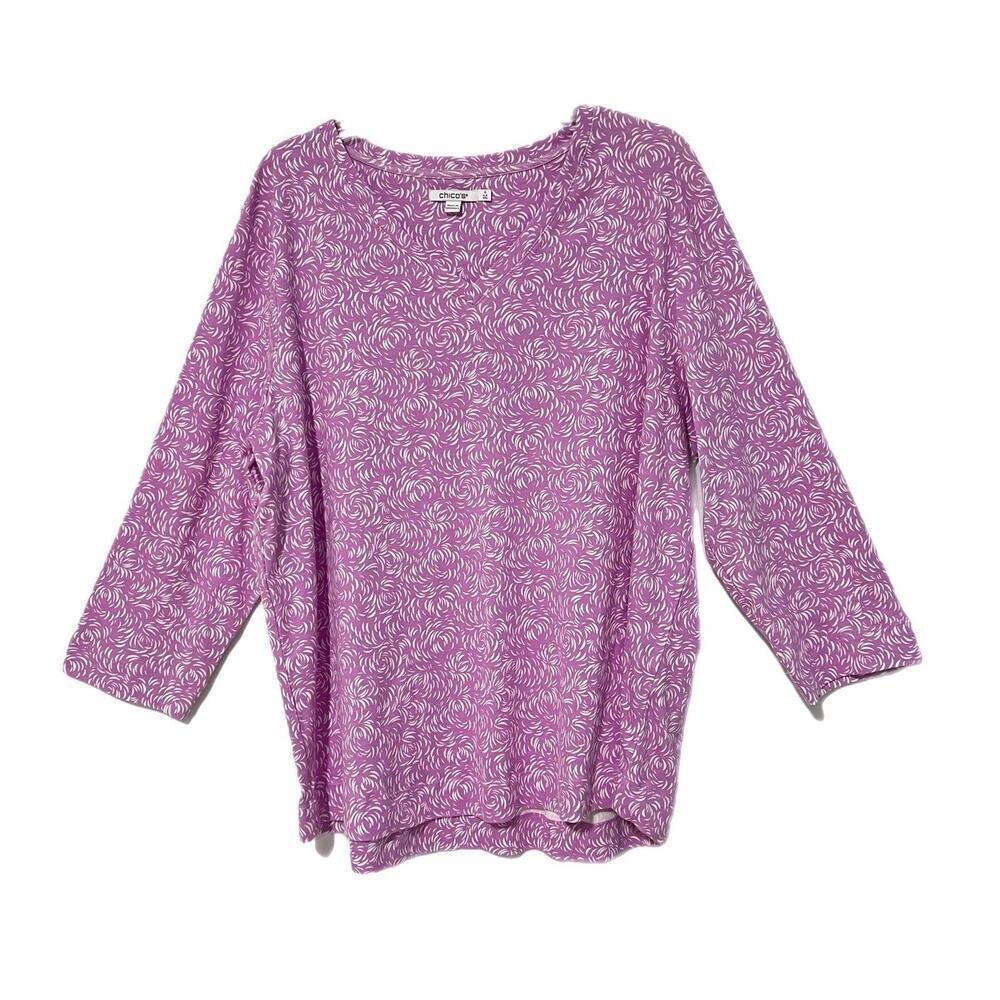 Chico's Womens Top 4 20/22 Lavender Scoop Neck 3/4 Sleeves Swirl 100% Pima Cotto